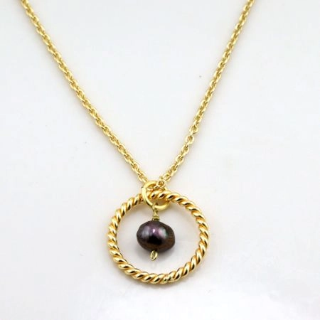 Black Pearl stone pendant necklace, Brass with 22k gold plated, Handmade jewelry